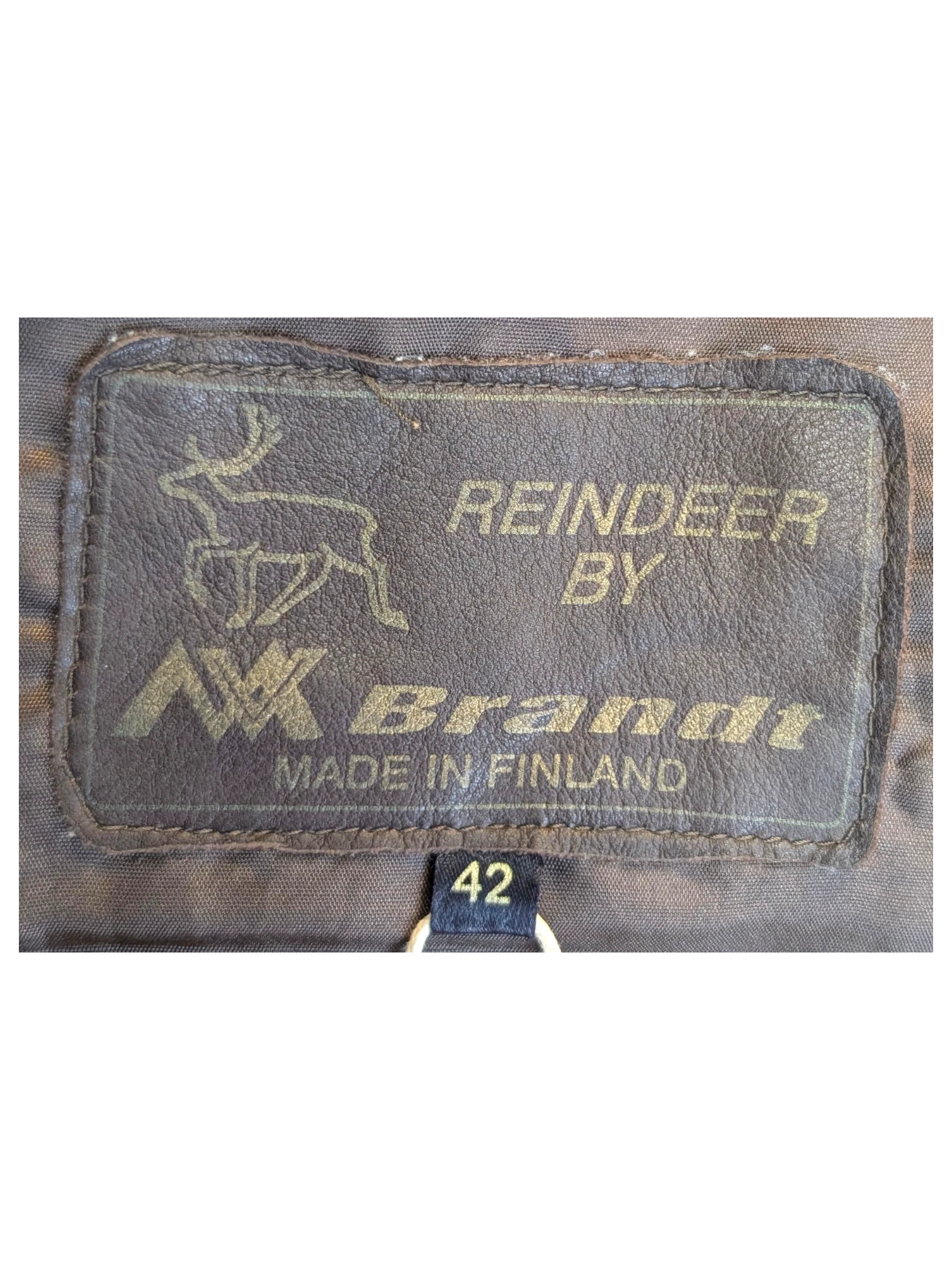 JAKE & IPI Brandt suede reindeer leather pants interior label showing size 42 and made in Finland branding