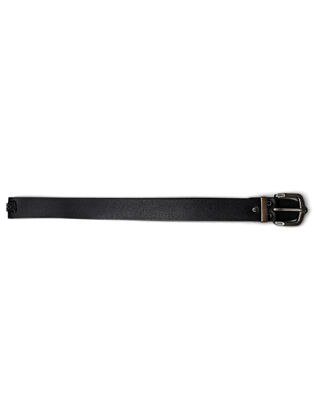 JAKE & IPI Bernd Götz black leather belt with a rustic metal buckle and silver-tone hardware on a white background.