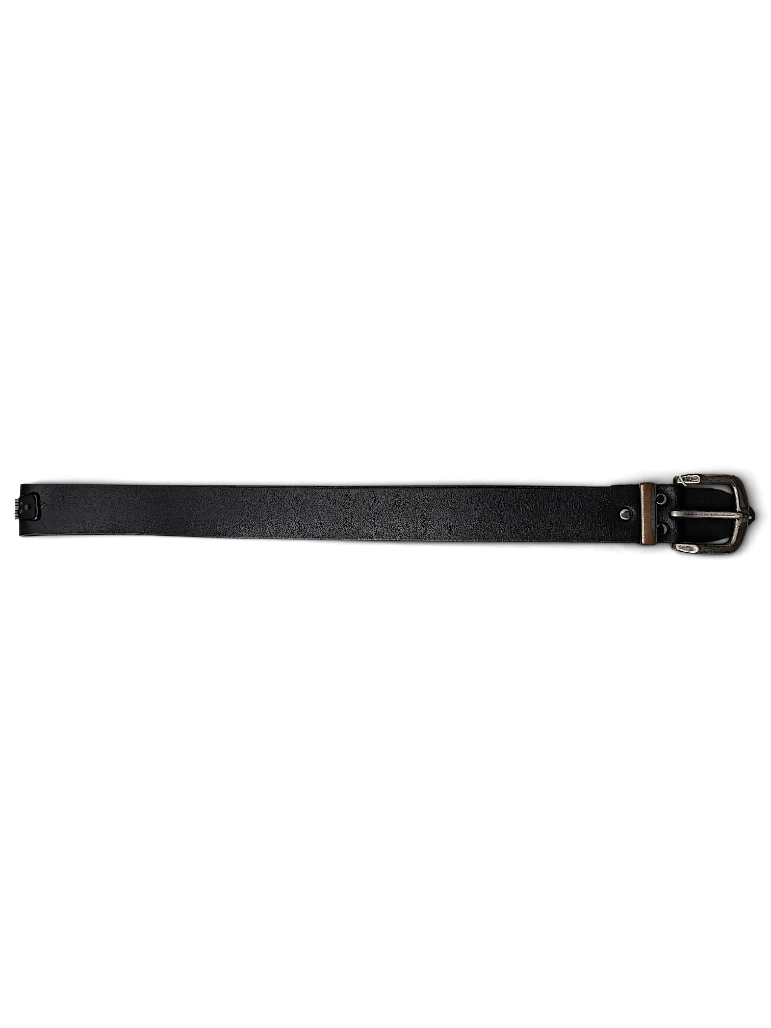JAKE & IPI Bernd Götz black leather belt with a rustic metal buckle and silver-tone hardware on a white background.