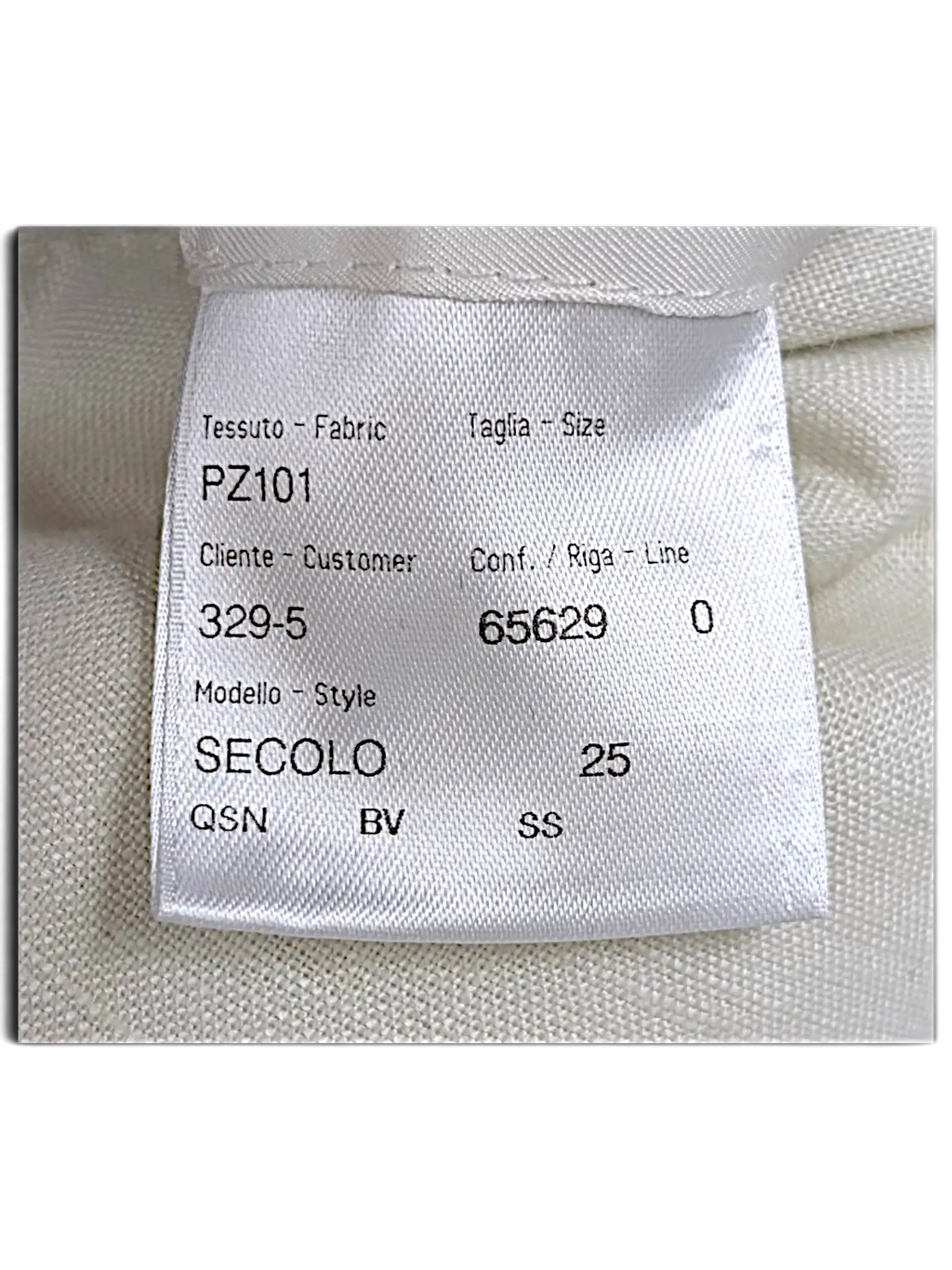JAKE & IPI Brioni linen suit fabric and size tag with model details