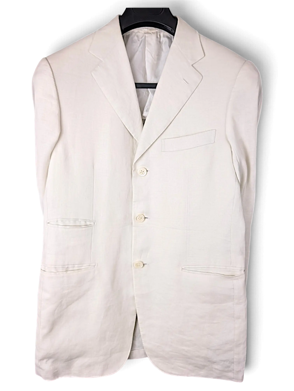 JAKE & IPI Brioni linen suit jacket in off-white featuring a three-button closure and classic notched lapels.