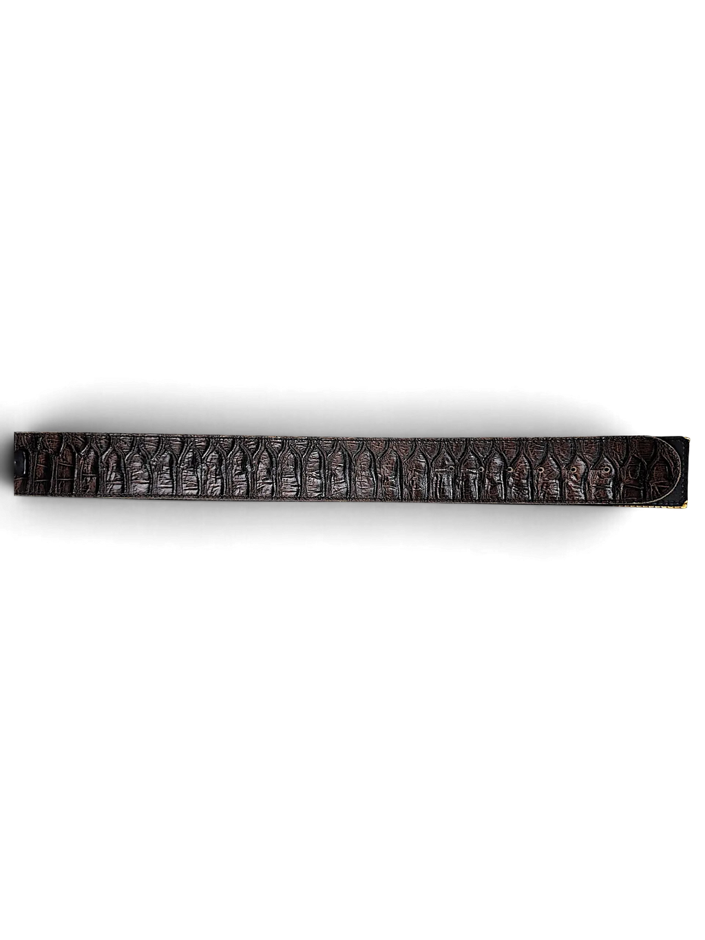 JAKE & IPI brown Y2K style belt with a textured alligator skin pattern and metallic buckle detail.