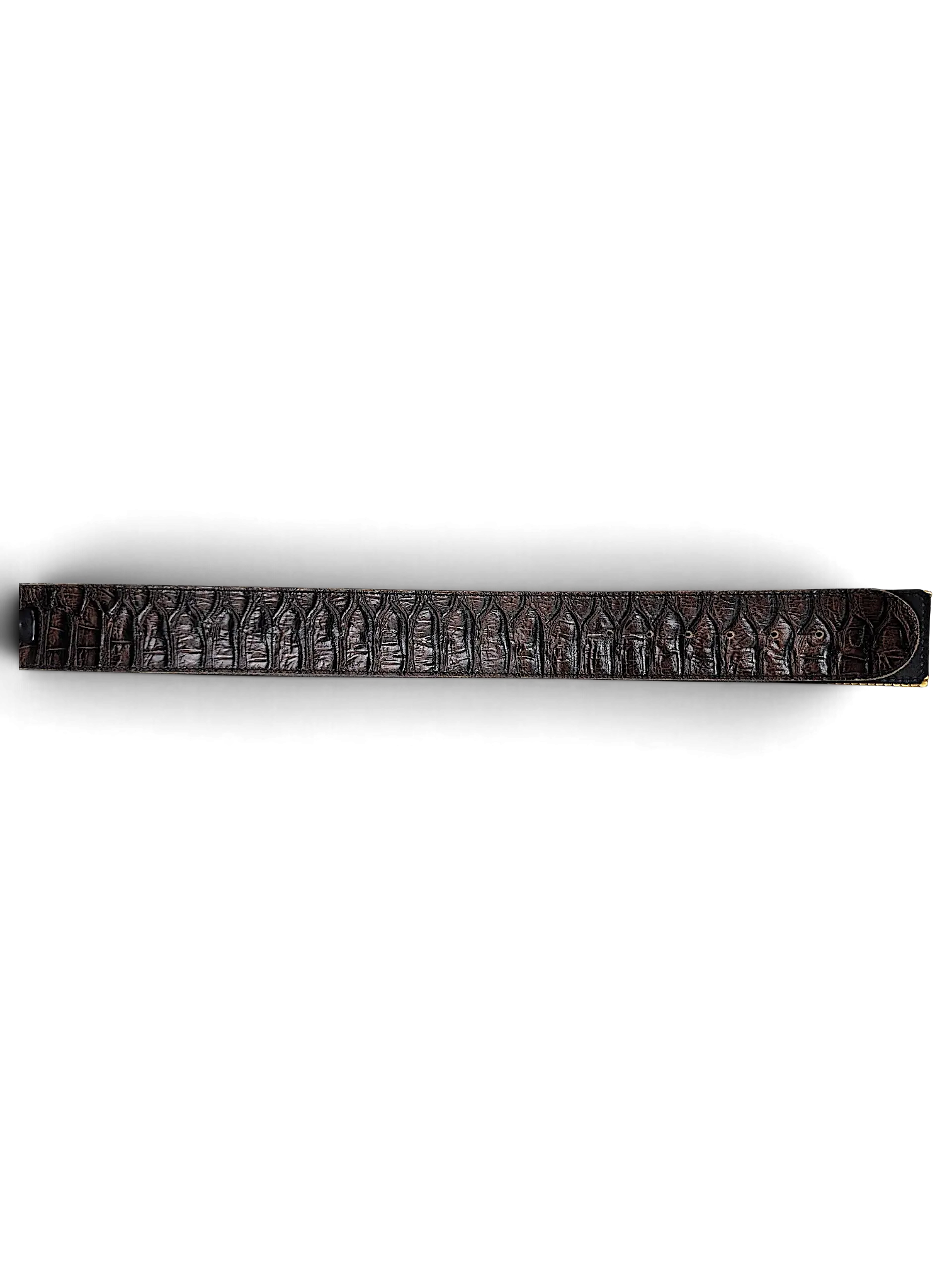 JAKE & IPI brown Y2K style belt with a textured alligator skin pattern and metallic buckle detail.