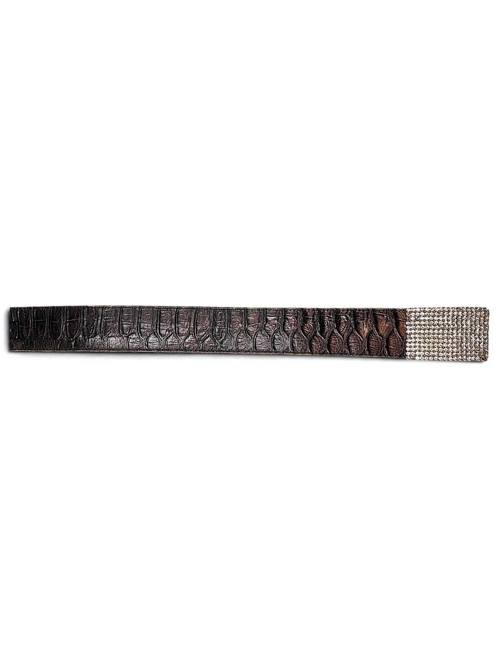 JAKE & IPI brown Y2K alligator-textured belt featuring a sparkling rhinestone-encrusted buckle end
