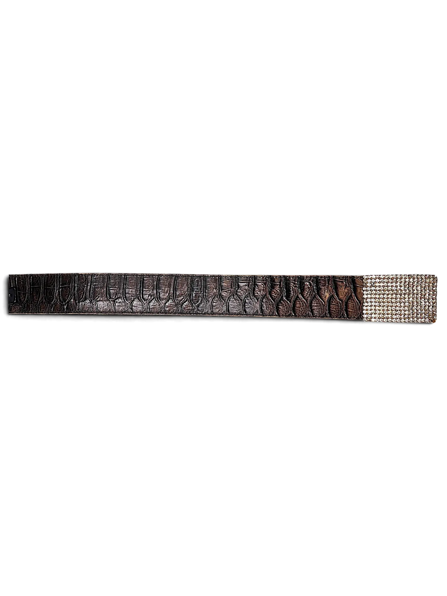 JAKE & IPI brown Y2K alligator-textured belt featuring a sparkling rhinestone-encrusted buckle end