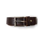 JAKE & IPI brown leather belt featuring a textured animal print pattern and a polished silver metal buckle.