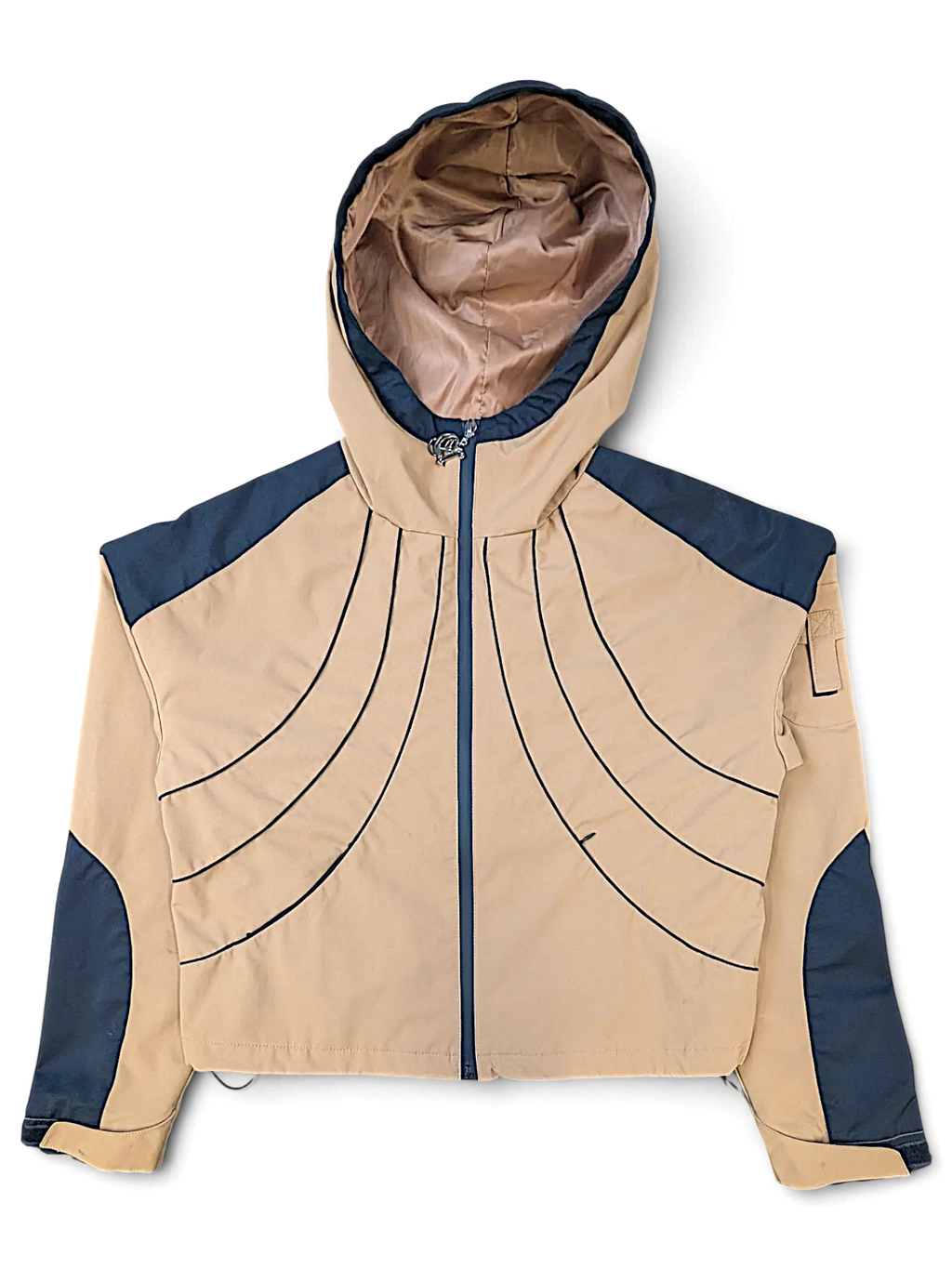 JAKE & IPI IBE Elenyor brown and black hooded jacket with curved panel detailing and a front zipper closure.
