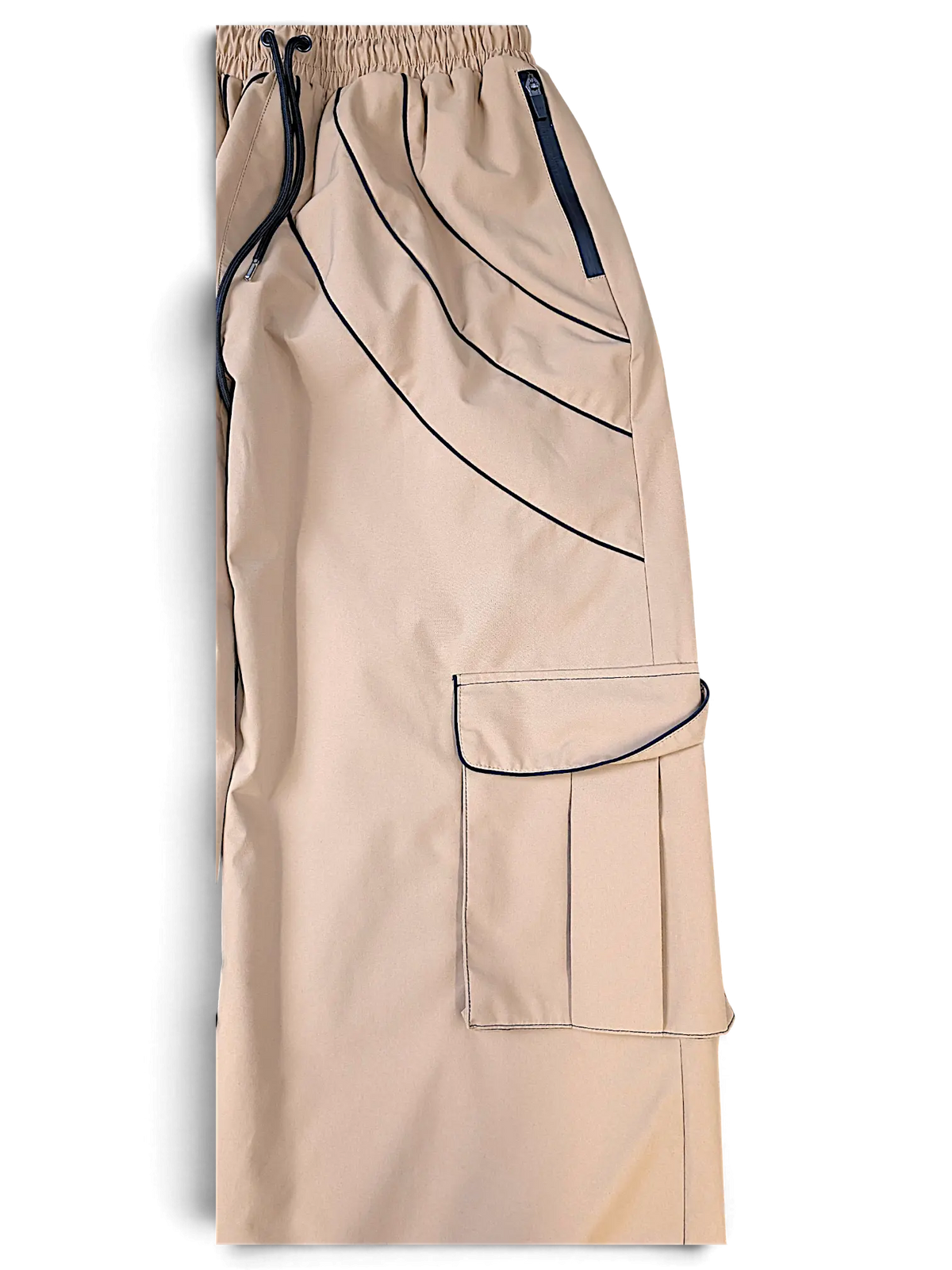 JAKE & IPI IBE Elenyor brown cargo pants with black piping detail, elastic waistband, and side utility pockets.