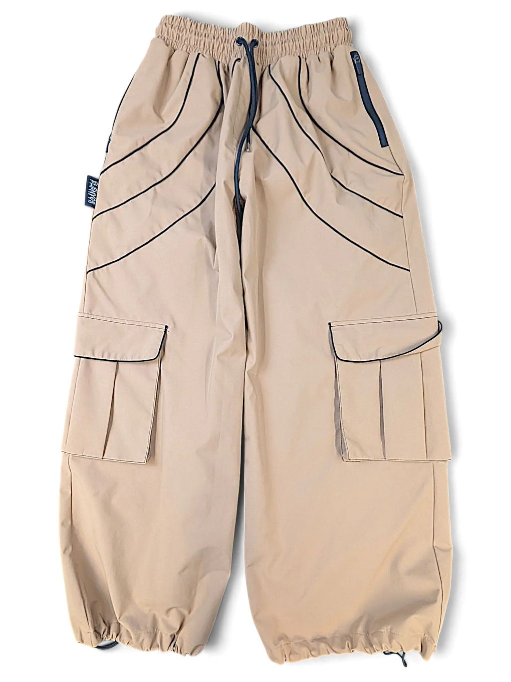 JAKE & IPI brown cargo pants with elastic waistband, drawstring, and contrast piping detail.