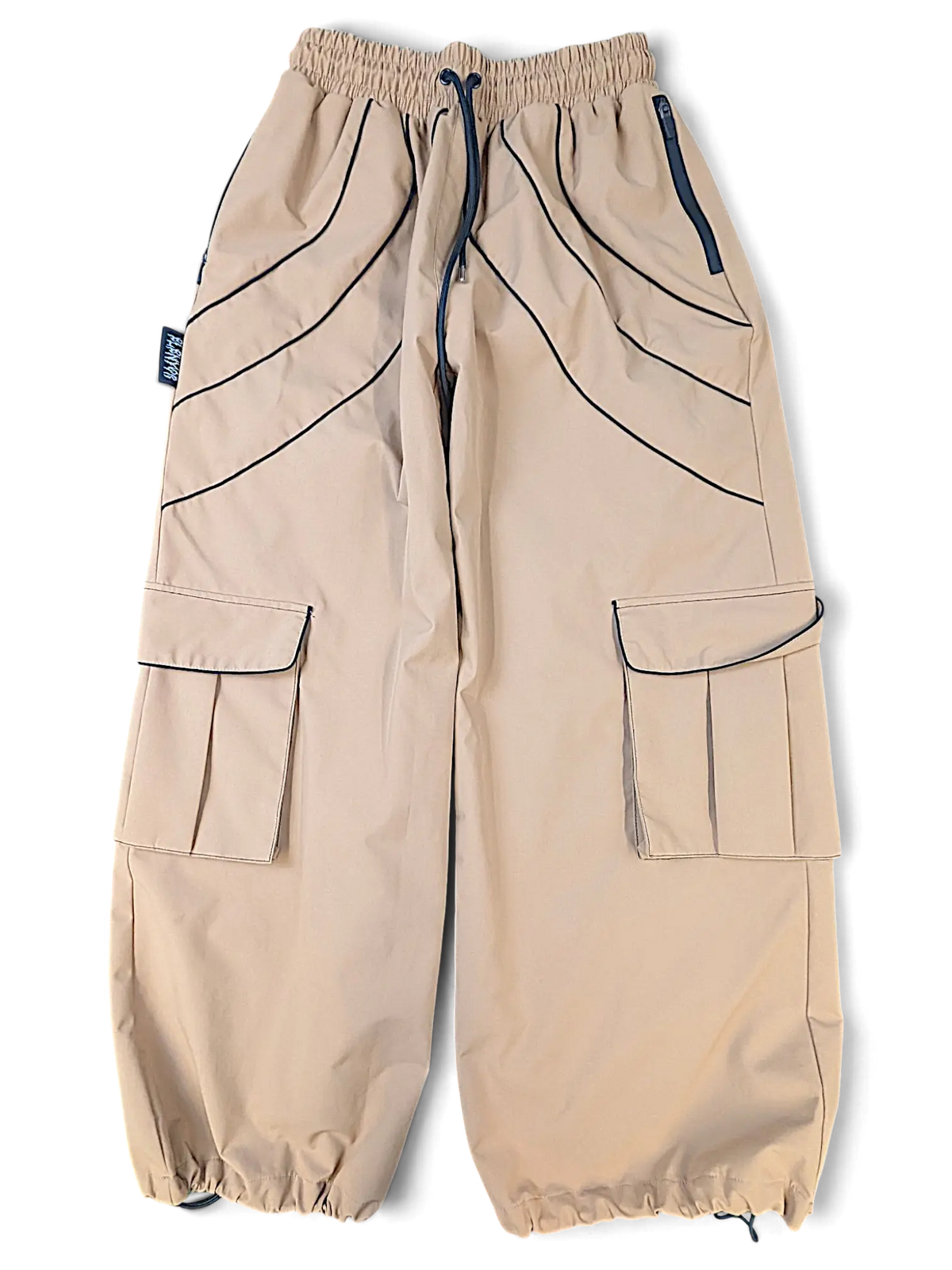 JAKE & IPI brown cargo pants with elastic waistband, drawstring, and contrast piping detail.