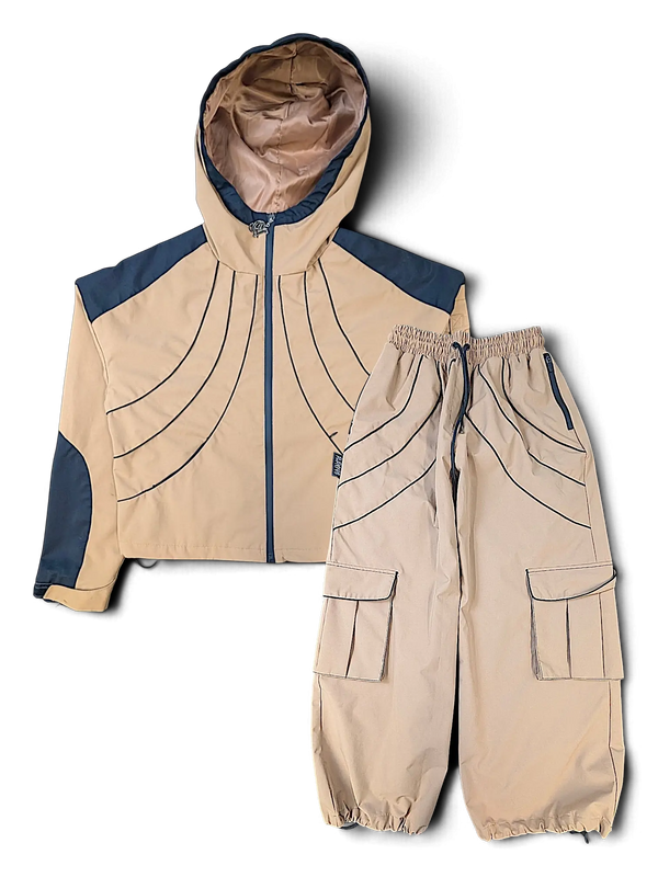JAKE & IPI IBE Elenyor brown hooded jacket and matching cargo pants set with black contrast panel detailing
