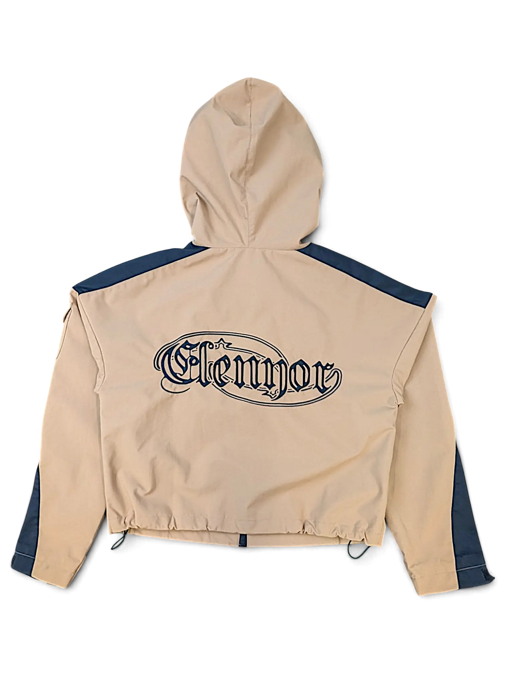 Back view of JAKE & IPI brown hooded jacket with navy blue accents and Elenyor logo graphic on the back