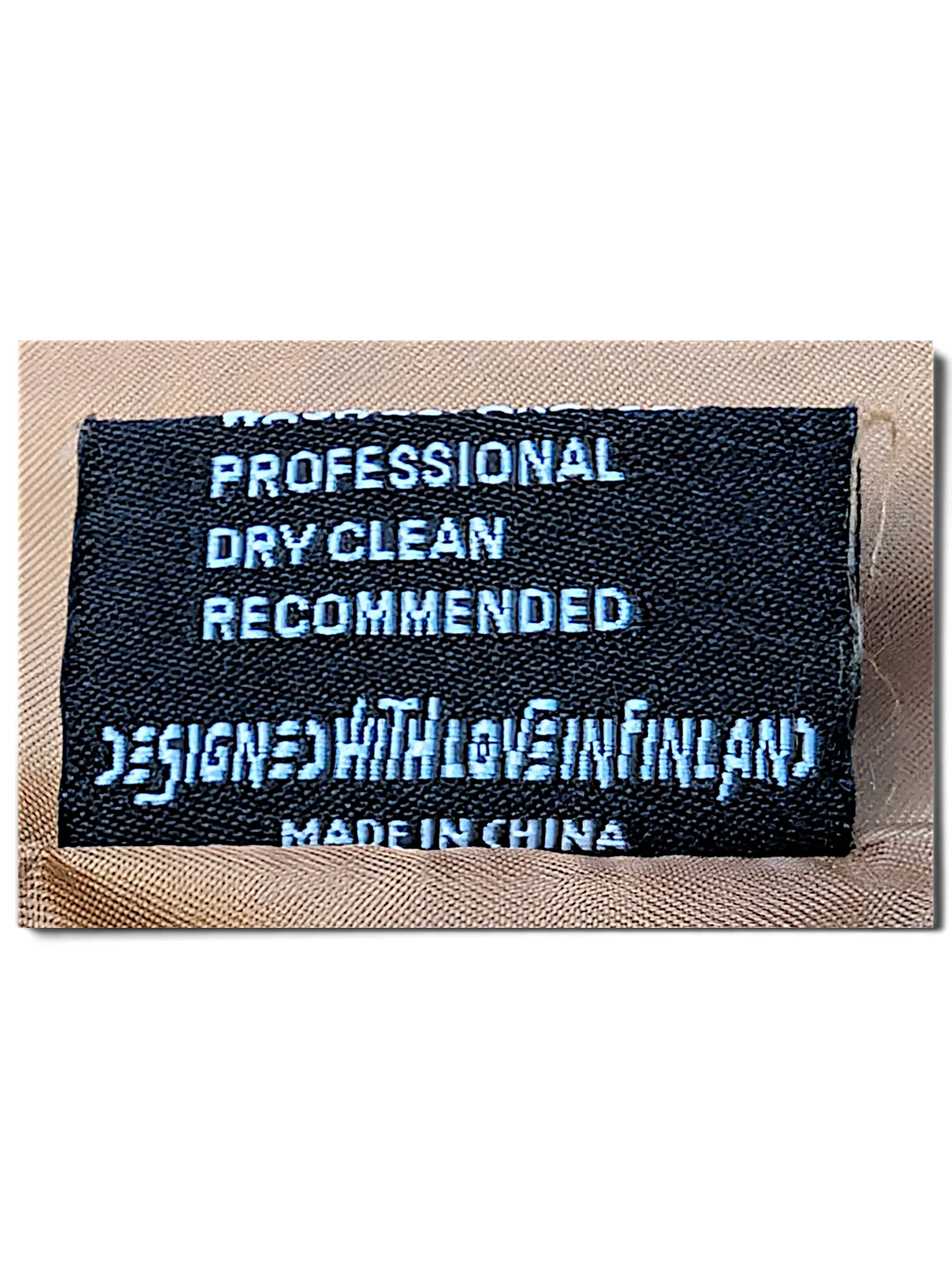 JAKE & IPI IBE Elenyor brown jacket and pants care label with professional dry clean instructions