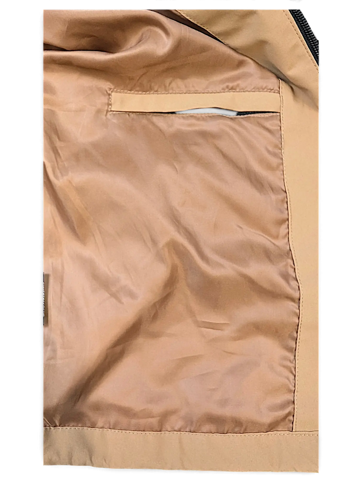 Interior lining and pocket detail of the brown JAKE & IPI Elenyor jacket featuring smooth fabric construction.