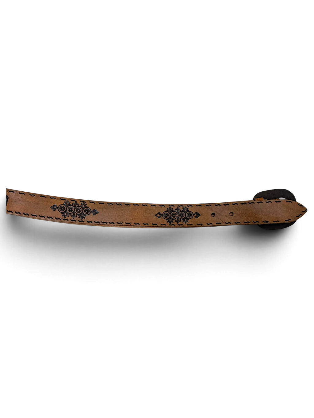 JAKE & IPI brown leather belt featuring intricate black laser-etched floral patterns and a dark buckle