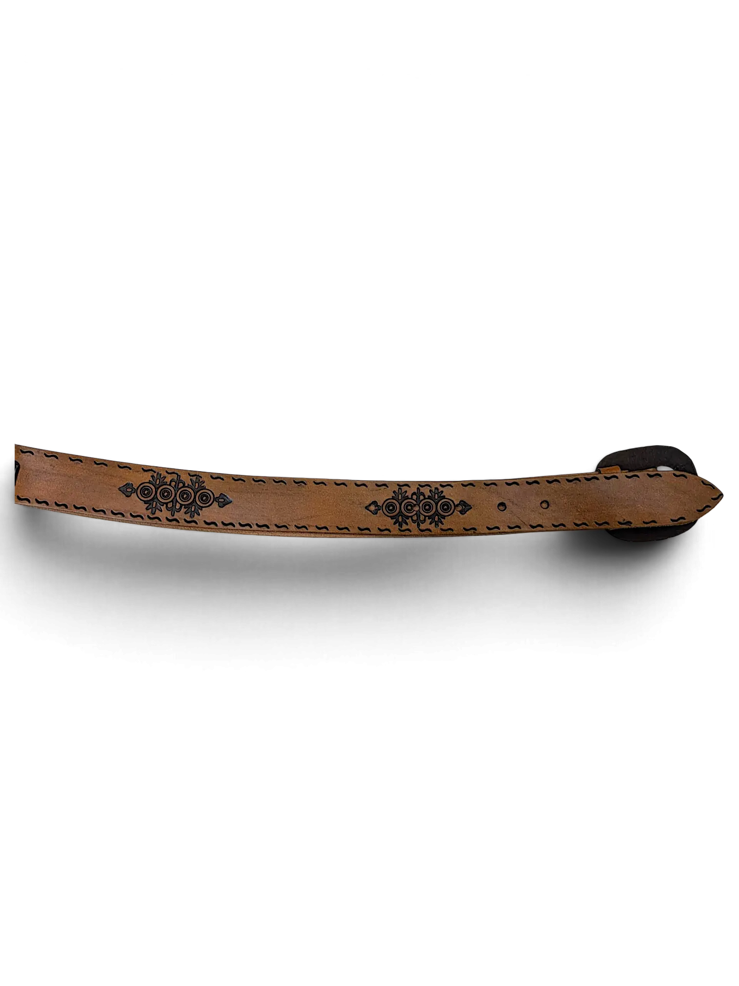 JAKE & IPI brown leather belt featuring intricate black laser-etched floral patterns and a dark buckle