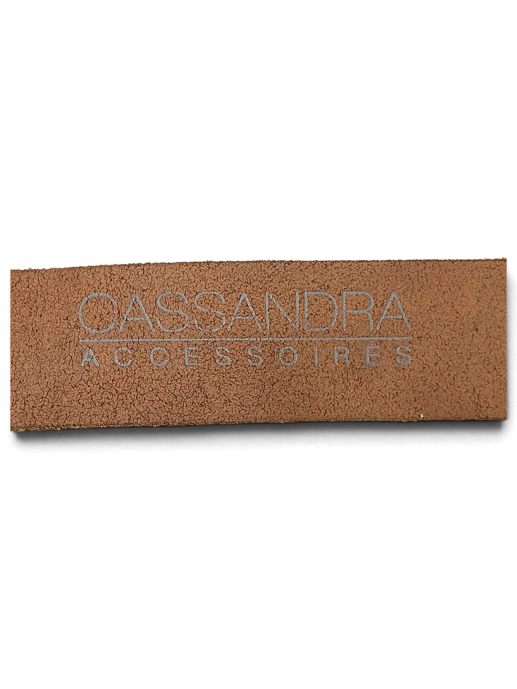 JAKE & IPI brown textured leather belt strap featuring the embossed Cassandra Accessories logo