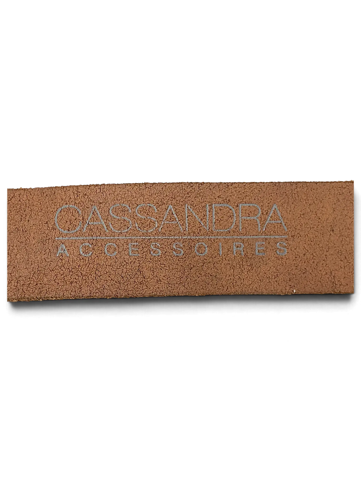JAKE & IPI brown textured leather belt strap featuring the embossed Cassandra Accessories logo
