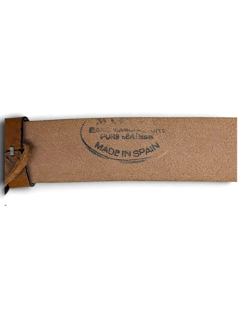 JAKE & IPI brown leather belt featuring a Made in Spain stamp on the inner strap
