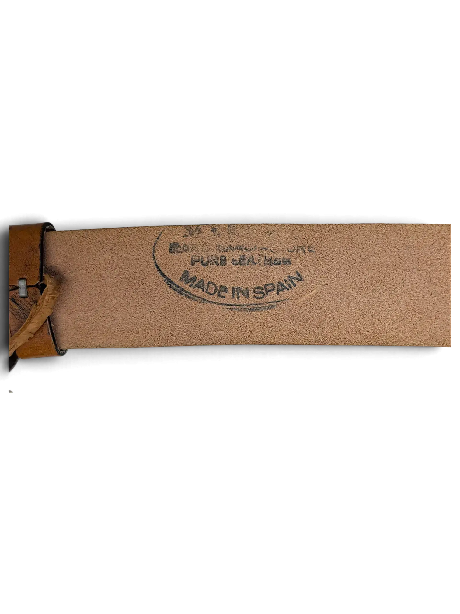 JAKE & IPI brown leather belt featuring a Made in Spain stamp on the inner strap