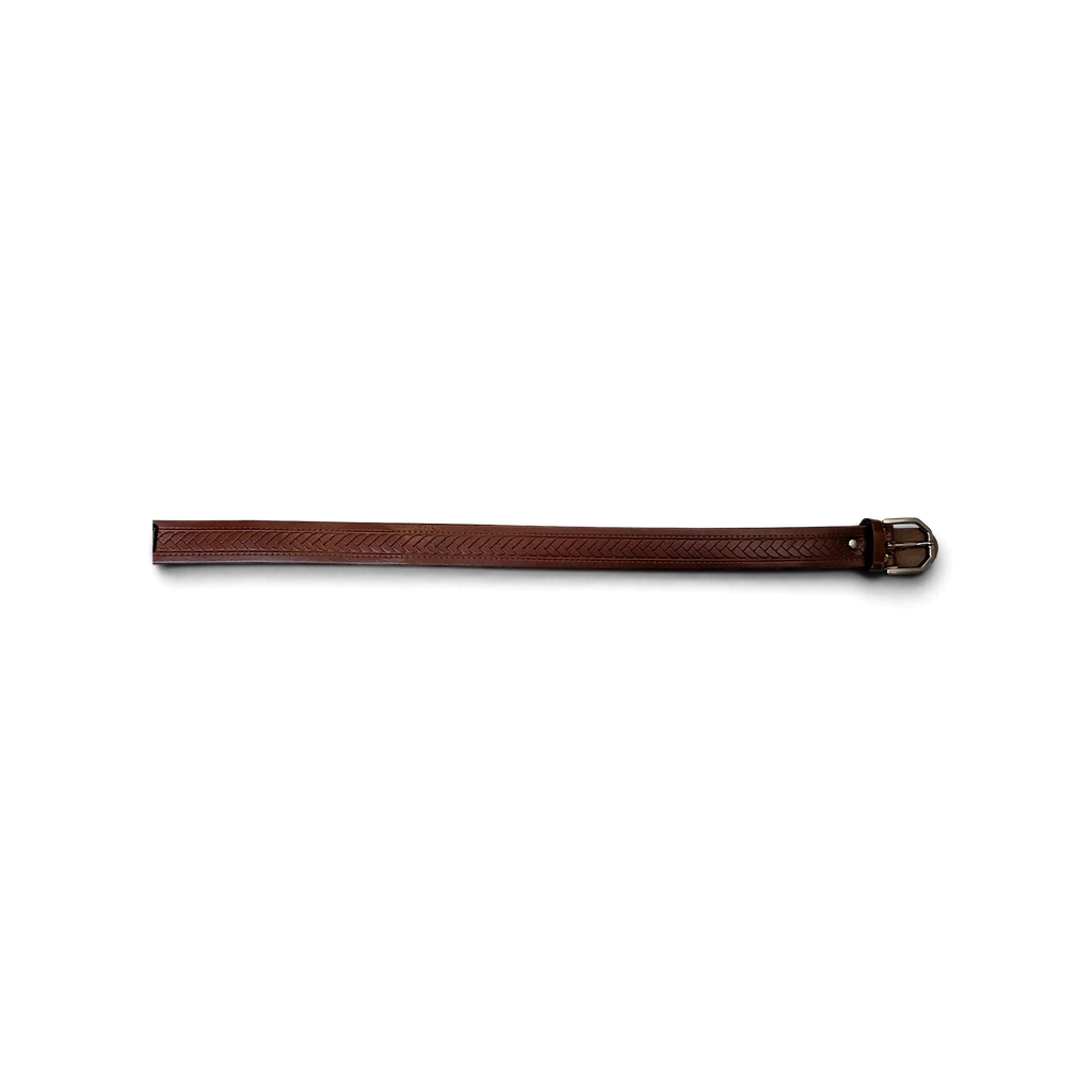 JAKE & IPI brown leather belt featuring a detailed braided or knotted texture and a classic metal buckle