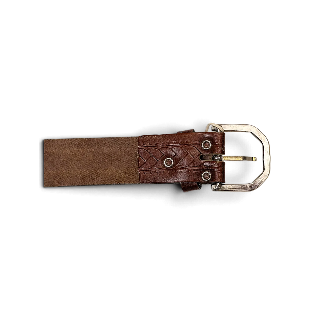 JAKE & IPI brown leather belt featuring a braided knotted design and a silver metal buckle on a black background.