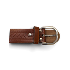 JAKE & IPI brown leather belt featuring a detailed braided pattern, silver buckle, and sturdy metal rivets.