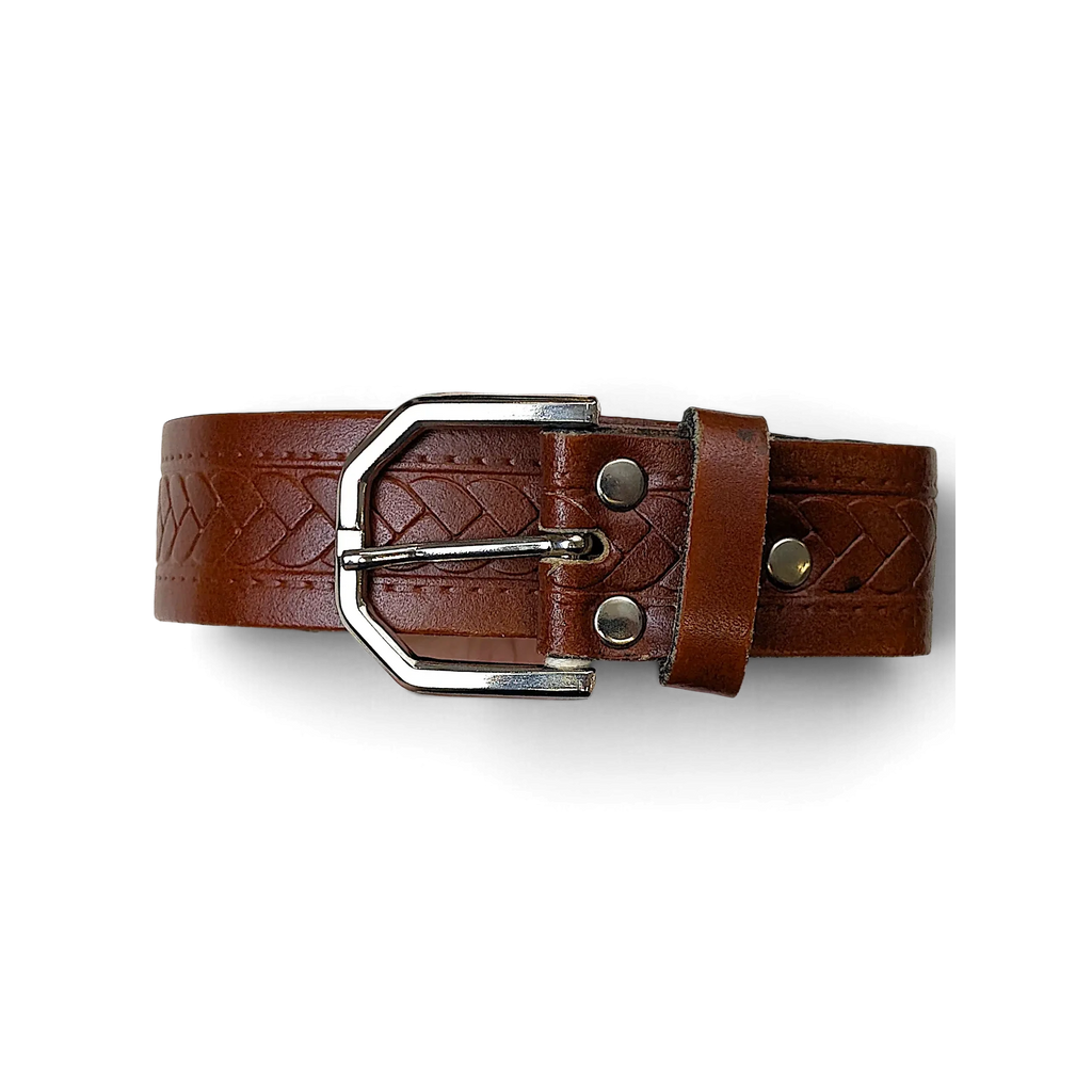 JAKE & IPI brown leather belt featuring a braided knot pattern and a polished silver buckle on a black background.