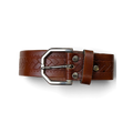 JAKE & IPI brown leather belt featuring a braided knot pattern and a polished silver buckle on a black background.