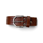 JAKE & IPI brown leather belt featuring a braided knot pattern and a polished silver buckle on a black background.