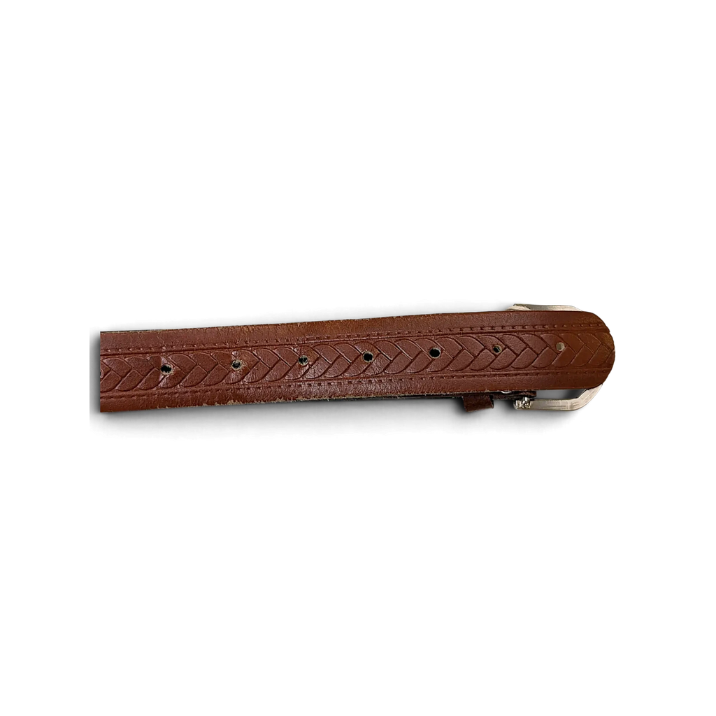 JAKE & IPI brown leather belt featuring an intricate braided or knotted pattern and a silver buckle