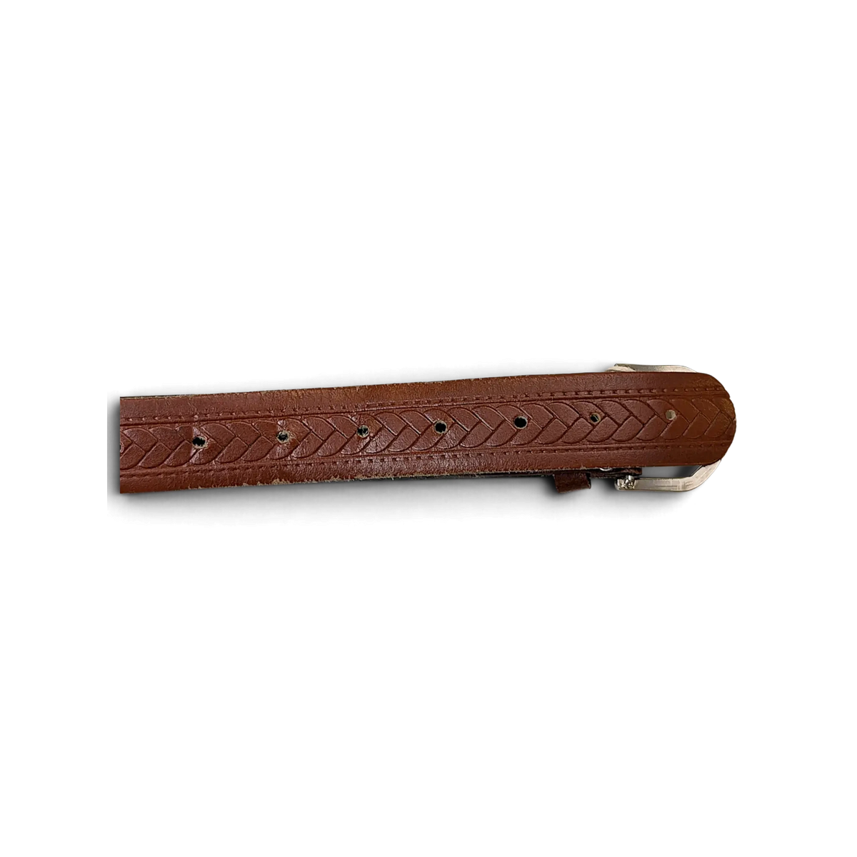 JAKE & IPI brown leather belt featuring an intricate braided or knotted pattern and a silver buckle