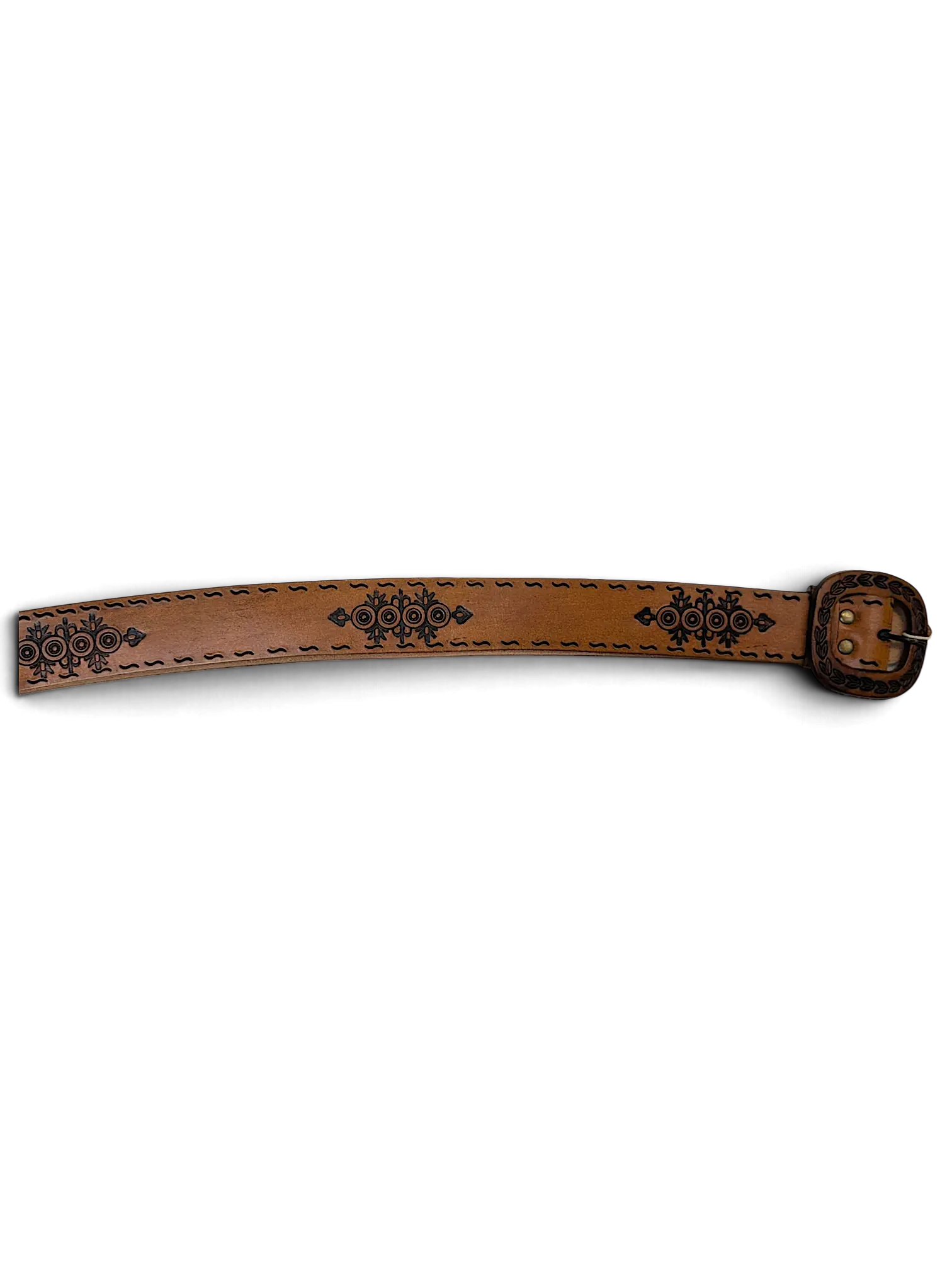 JAKE & IPI brown leather belt featuring intricate embossed geometric patterns and a matching oval buckle