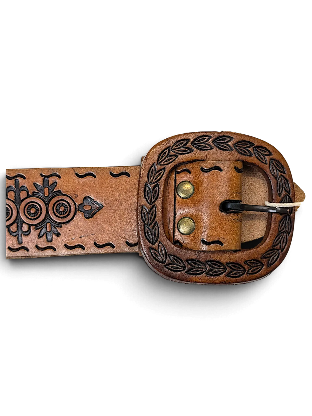 JAKE & IPI brown leather belt featuring intricate embossed floral patterns and a matching carved oval buckle
