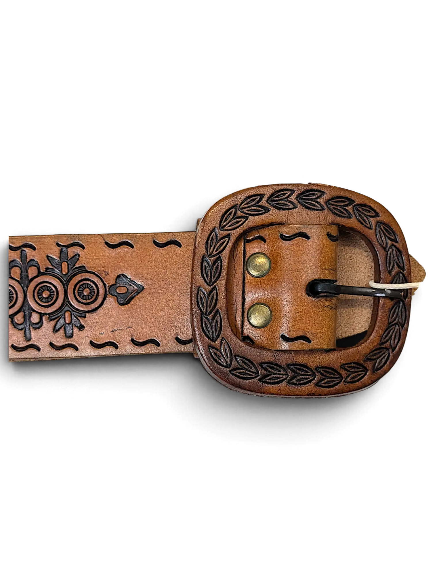 JAKE & IPI brown leather belt featuring intricate embossed floral patterns and a matching carved oval buckle