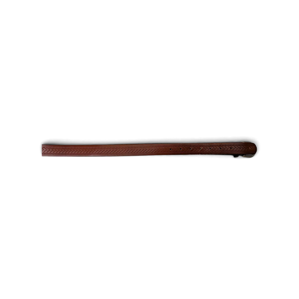 JAKE & IPI brown leather belt featuring an intricate knotted and braided texture design