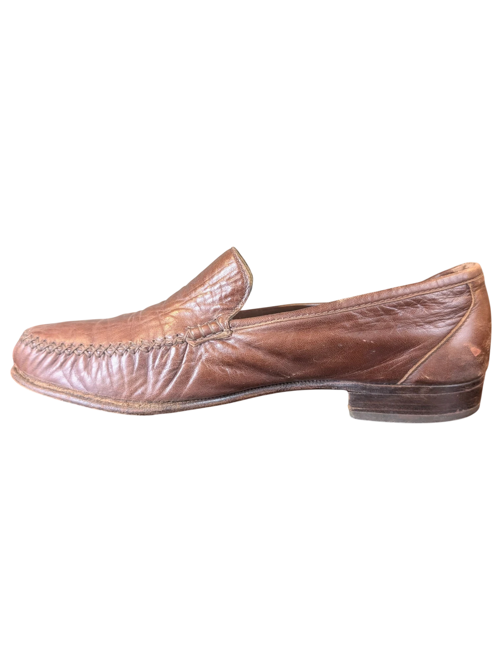 JAKE & IPI brown leather loafers with moccasin-style stitching on the toe, shown from a side profile view.