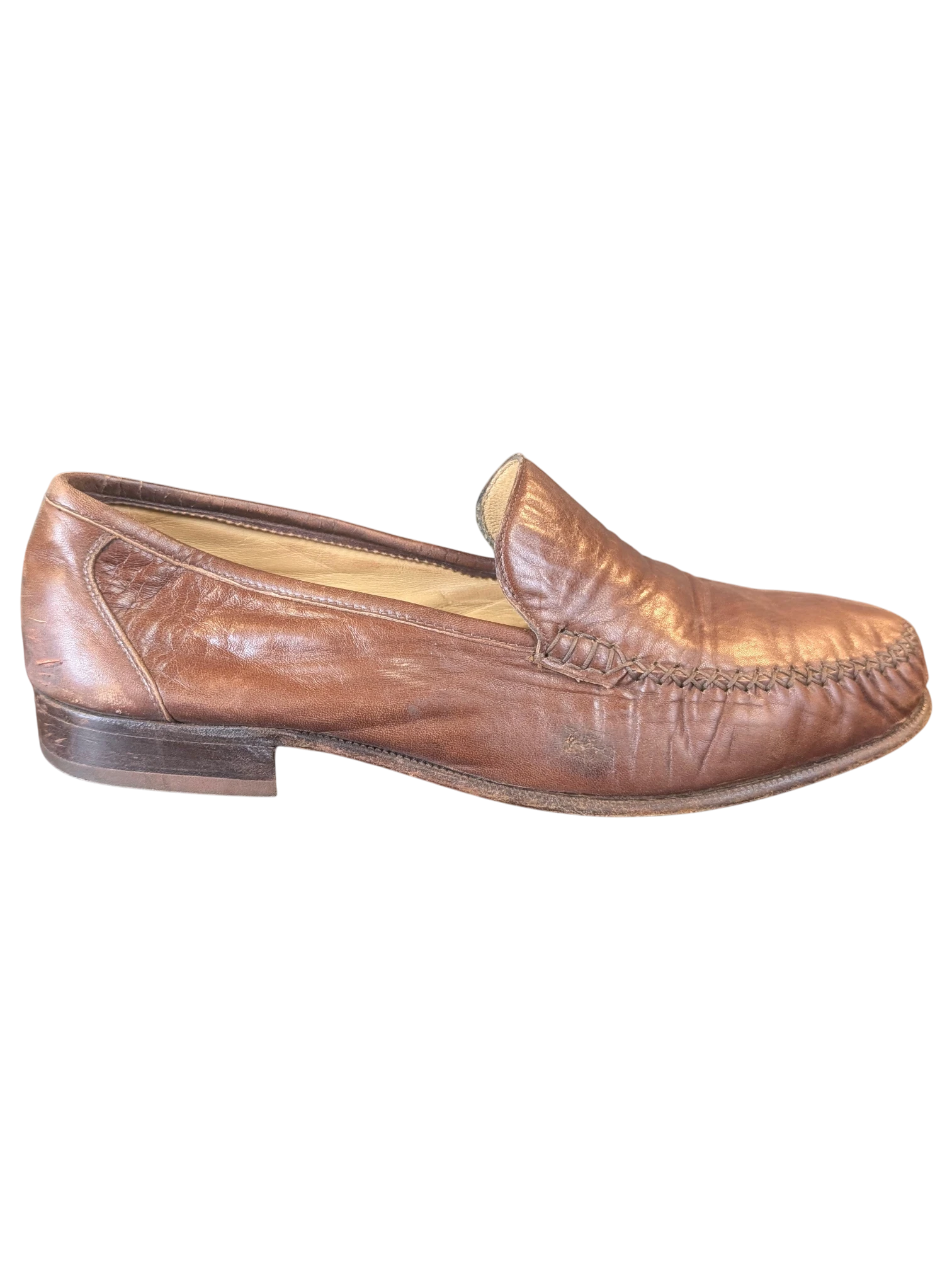 JAKE & IPI brown leather loafers with moccasin-style stitching and a low stacked heel.