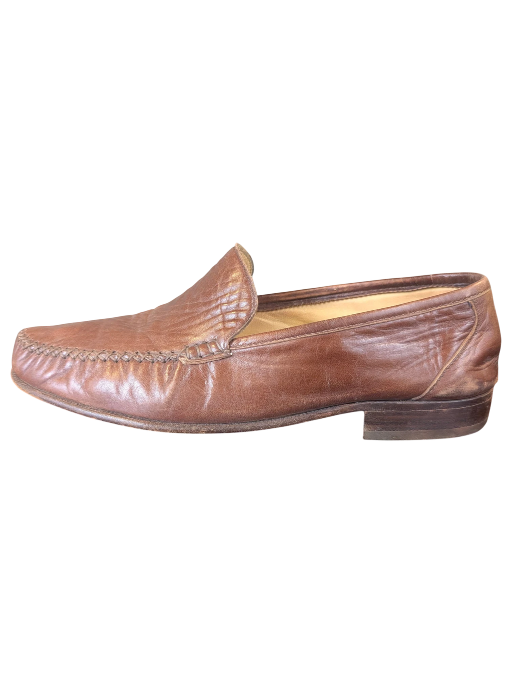 JAKE & IPI brown leather loafers with a textured moccasin-style stitched toe and low heel