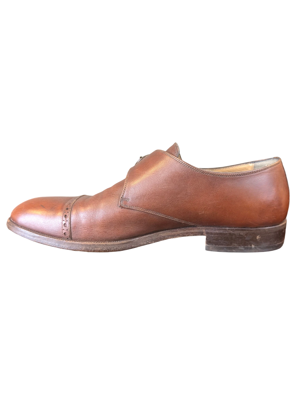 JAKE & IPI Melluso Uomo brown leather monk strap shoes with cap toe brogue detailing, side profile view.