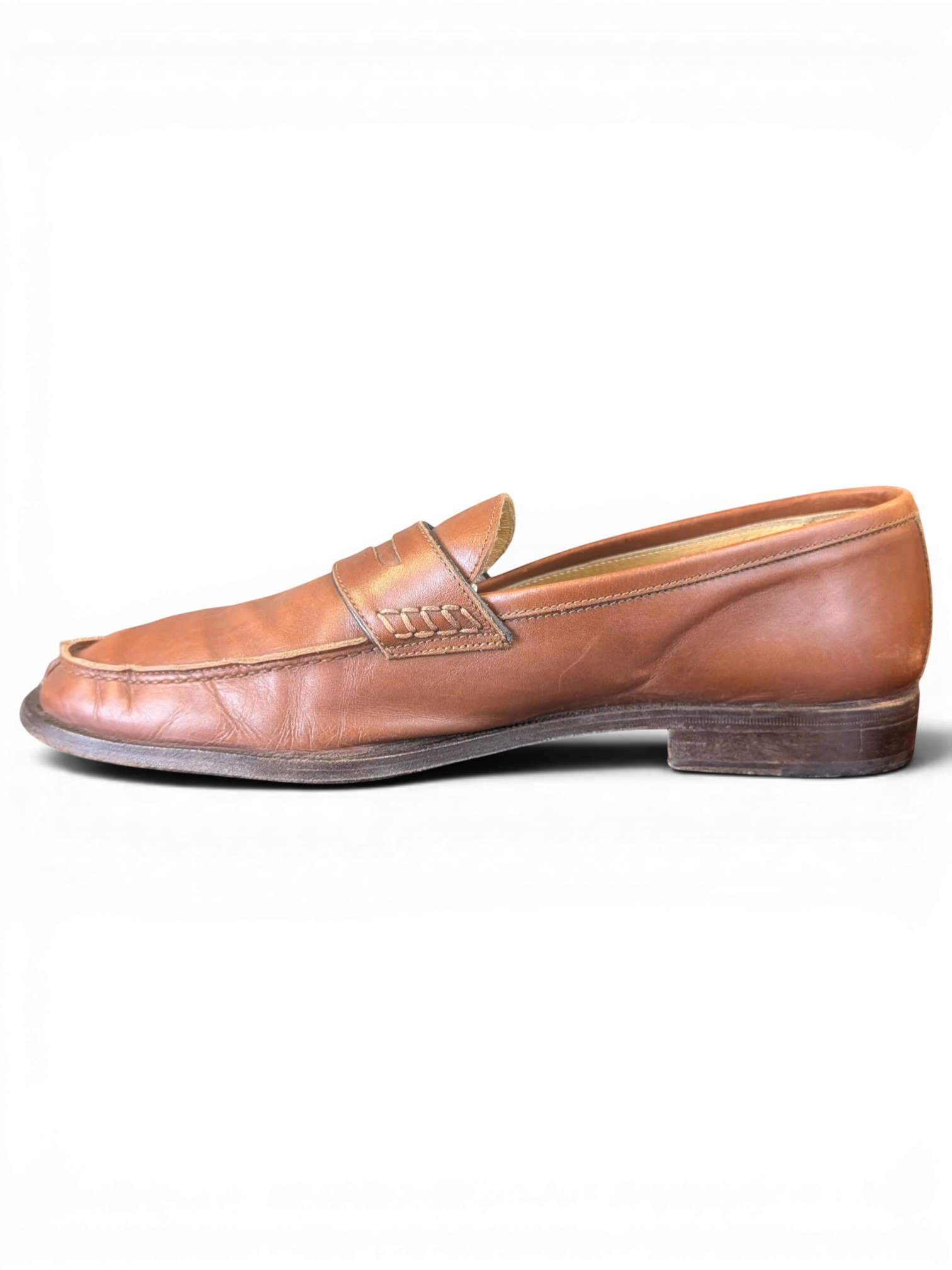 JAKE & IPI brown leather penny loafers with stitched strap detail, side view