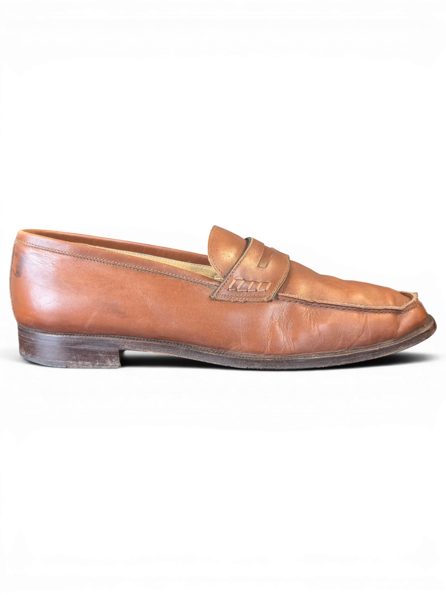 JAKE & IPI brown leather penny loafers with a classic slip-on design and stitched apron toe