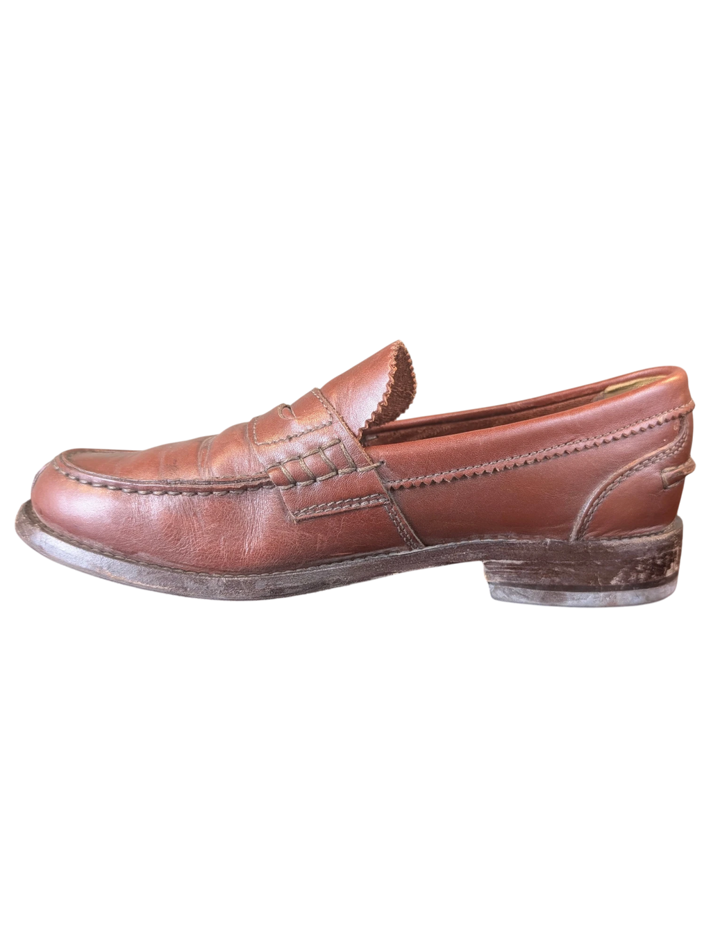 JAKE & IPI brown leather penny loafers with scalloped tongue detail and low heel, side view