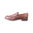 JAKE & IPI brown leather penny loafers with scalloped tongue detail and low heel, side view