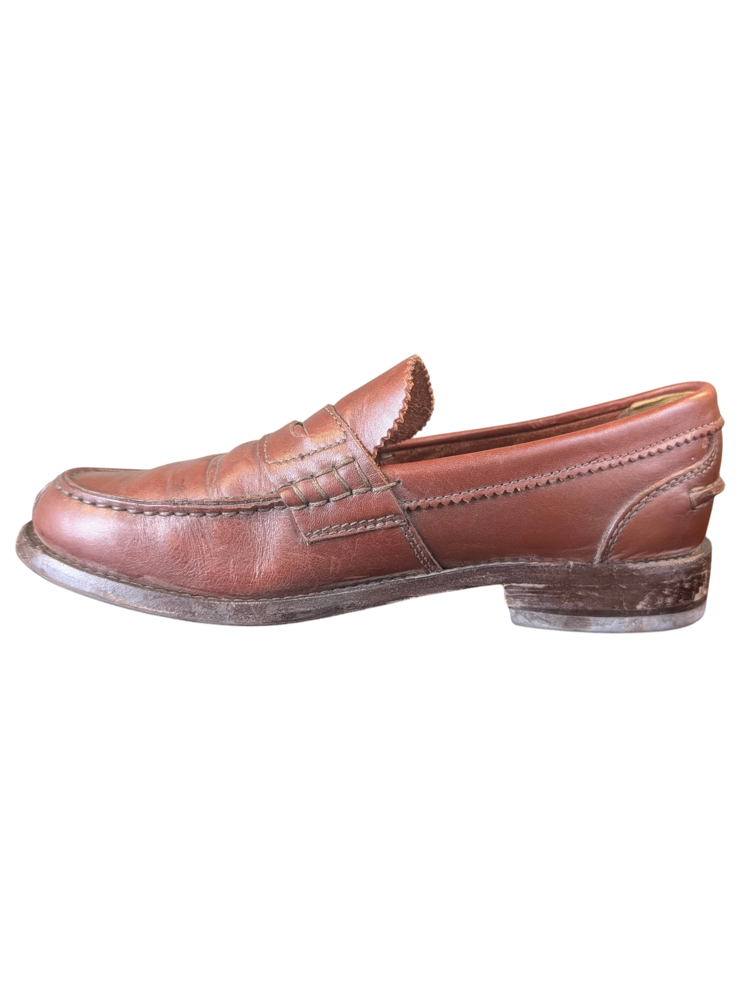 JAKE & IPI brown leather penny loafers with scalloped tongue detail and low heel, side view