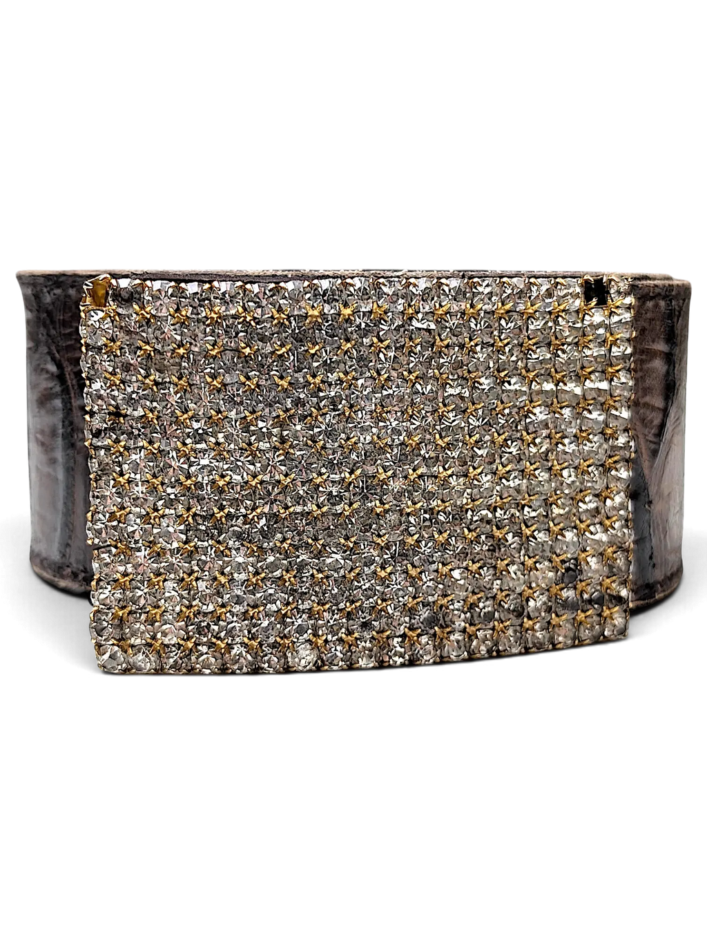 JAKE & IPI brown alligator-style belt featuring a large rectangular buckle covered in sparkling clear rhinestones