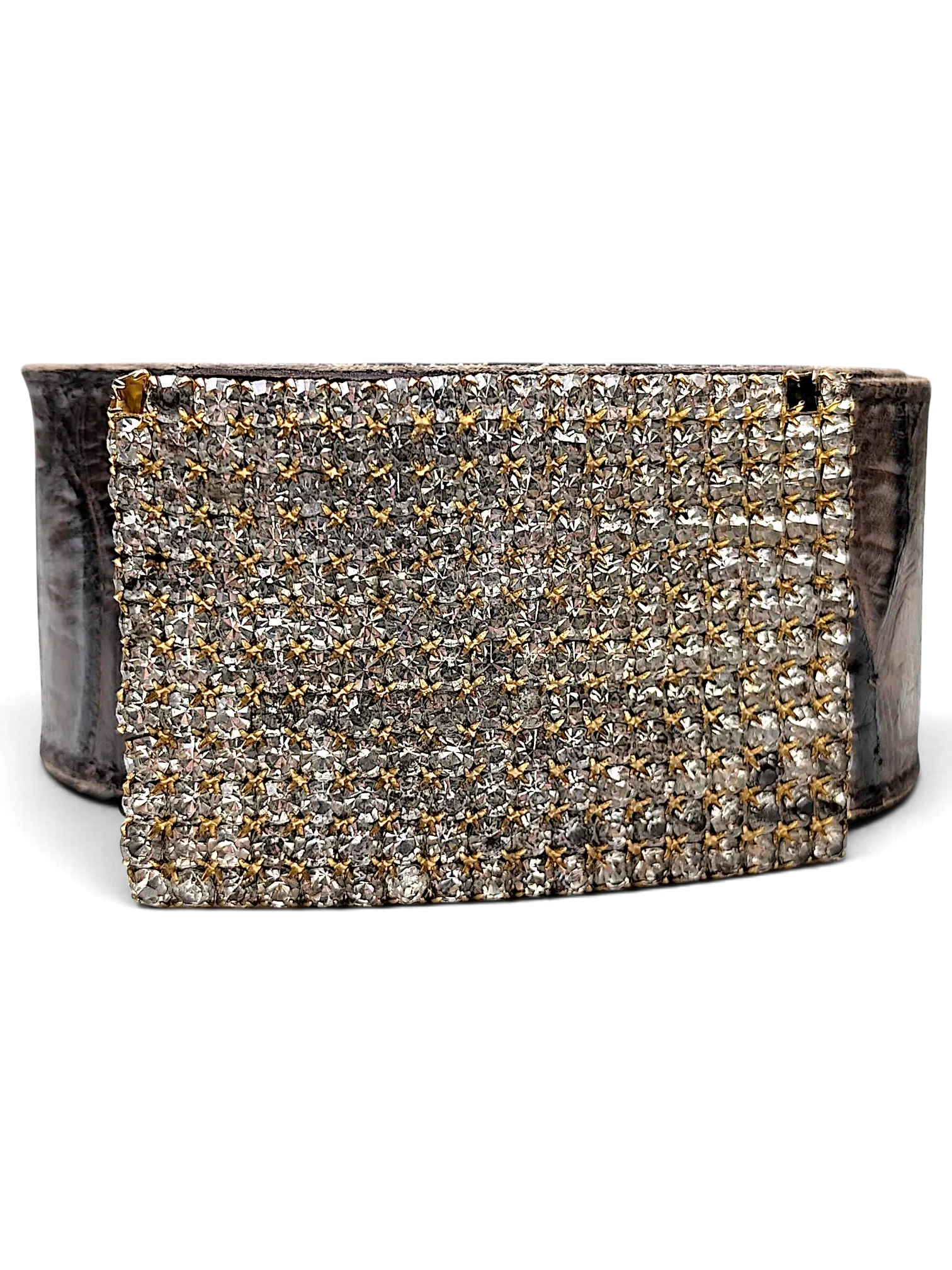 JAKE & IPI brown alligator-style belt featuring a large rectangular buckle covered in sparkling clear rhinestones