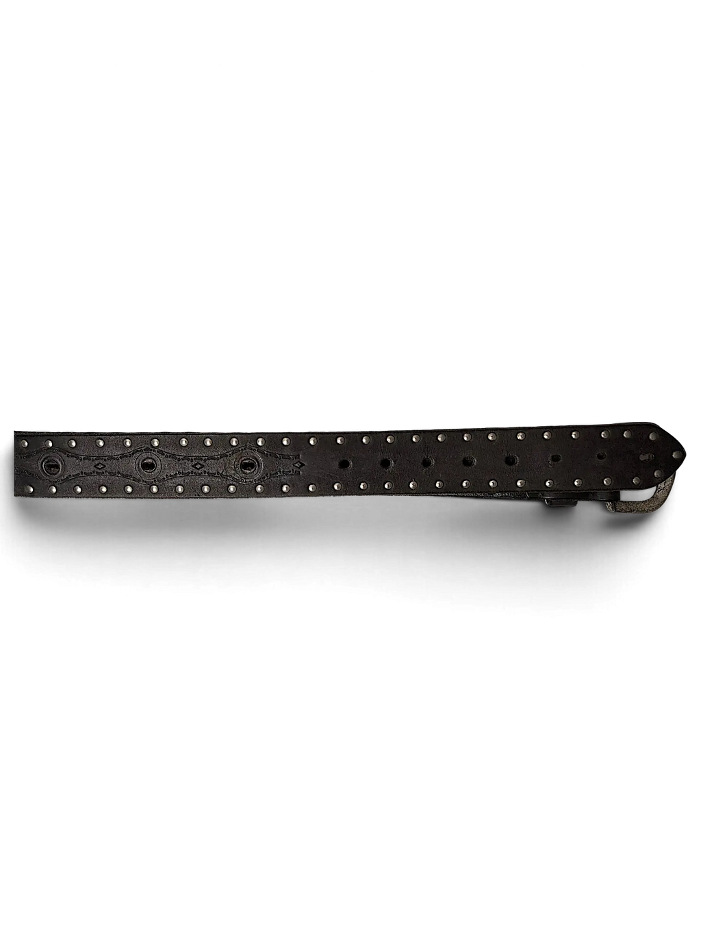 JAKE & IPI brown leather belt featuring silver metal studs and intricate embossed detailing on a white background.