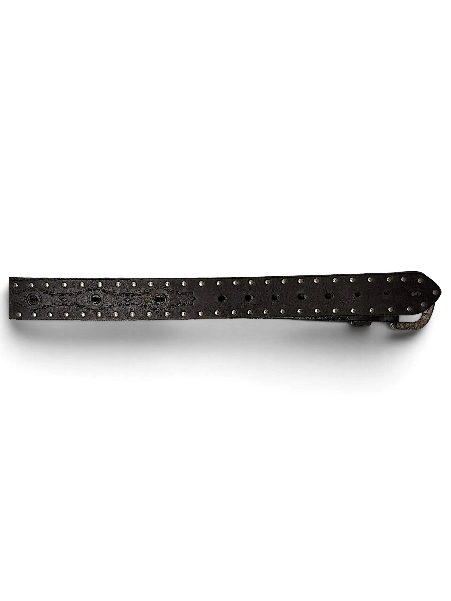 JAKE & IPI brown leather belt featuring silver metal studs and intricate embossed detailing on a white background.