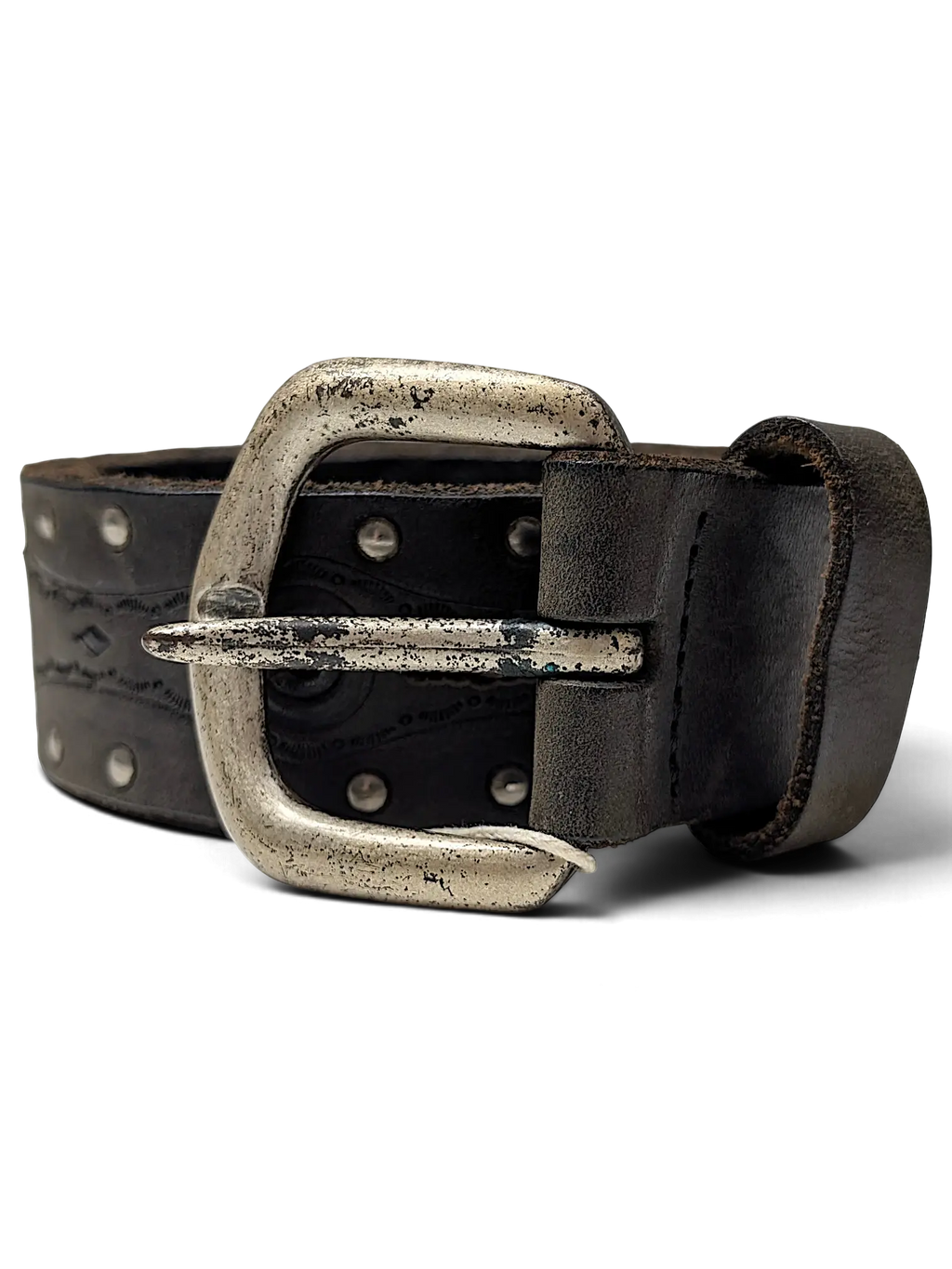 JAKE & IPI West Classic brown leather belt with silver metal studs and a distressed vintage-style buckle